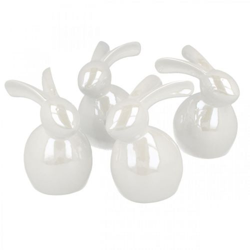 Floristik24 Conejito decorativo, decoración de Pascua, conejito de Pascua de cerámica blanco, nácar H9.5cm 4pcs