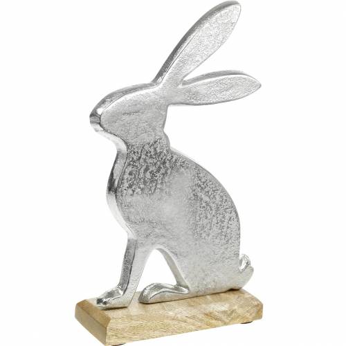 Floristik24 Conejito Plata Metal Base Madera Conejito Pascua Decoración Pascua