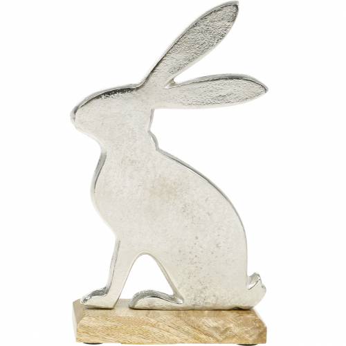 Floristik24 Conejito Plata Metal Base Madera Conejito Pascua Decoración Pascua