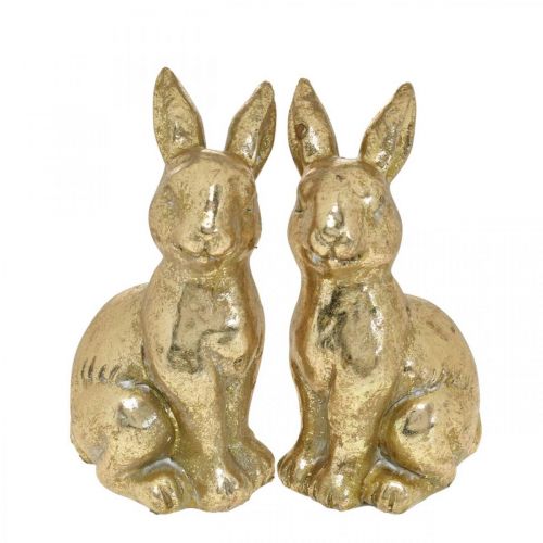 Artículo Conejito decoración dorada sentado aspecto antiguo Conejito de Pascua H12.5cm 2pcs