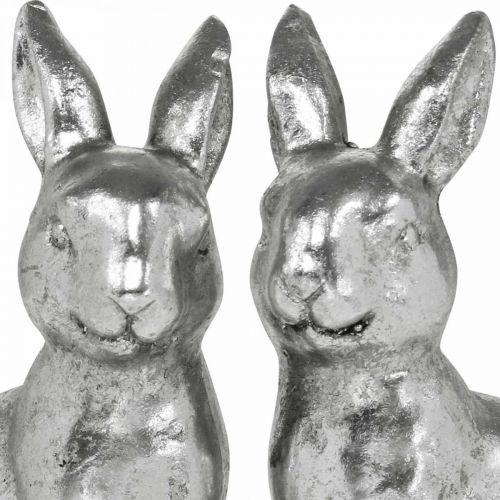 Artículo Conejo decorativo sentado Decoración de Pascua plata vintage H13cm 2 uds