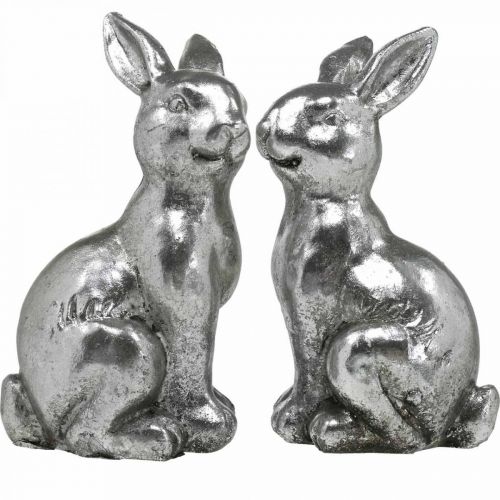 Artículo Conejo decorativo sentado Decoración de Pascua plata vintage H13cm 2 uds