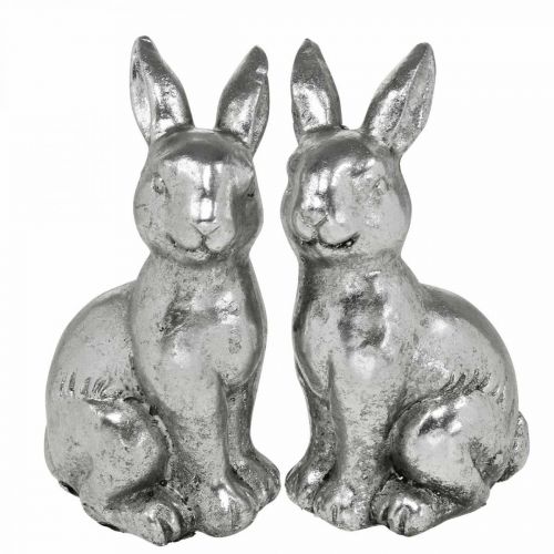 Artículo Conejo decorativo sentado Decoración de Pascua plata vintage H13cm 2 uds