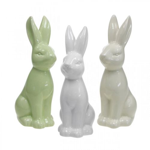 Floristik24 Conejo Cerámica Blanco, Crema, Verde Conejo de Pascua Figura decorativa H13cm 3pcs