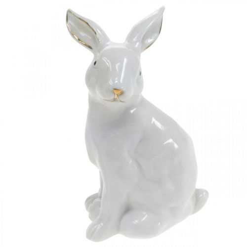 Floristik24 Conejito de pascua blanco-dorado, decoración primaveral, figura de cerámica blanca, dorada H13cm 2pcs