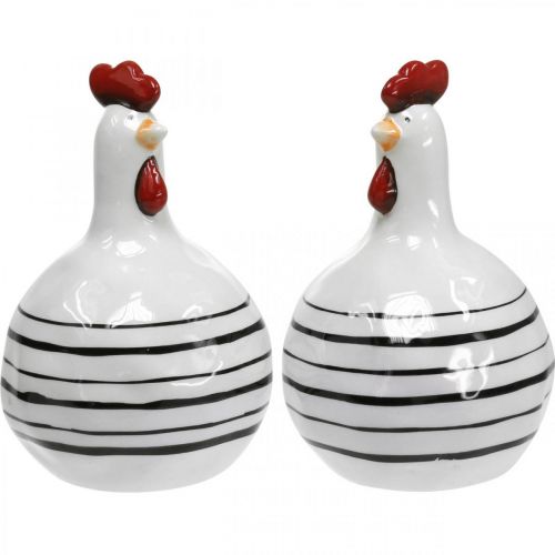 Floristik24 Pollo decorativo rayado blanco y negro figura de cerámica Pascua H17cm 2pcs