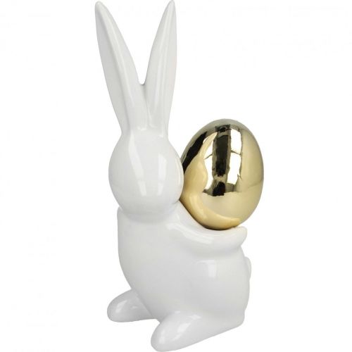 Floristik24 Conejitos de Pascua elegantes, conejitos de cerámica con huevo dorado, decoración de Pascua blanco, dorado Al. 18 cm 2 piezas