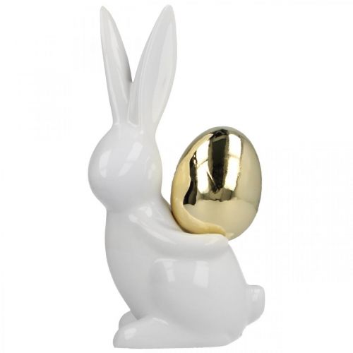 Floristik24 Conejitos de Pascua elegantes, conejitos de cerámica con huevo dorado, decoración de Pascua blanco, dorado Al. 18 cm 2 piezas
