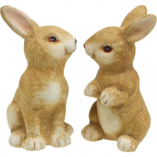 Artículo Conejito sentado, decoración de cerámica, Pascua, pareja de conejitos marrón H15cm juego de 2