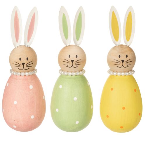 Artículo Figuras decorativas de conejo en madera pastel, conejitos de Pascua con collar de perlas, 14,5 x 5 cm, 3 piezas