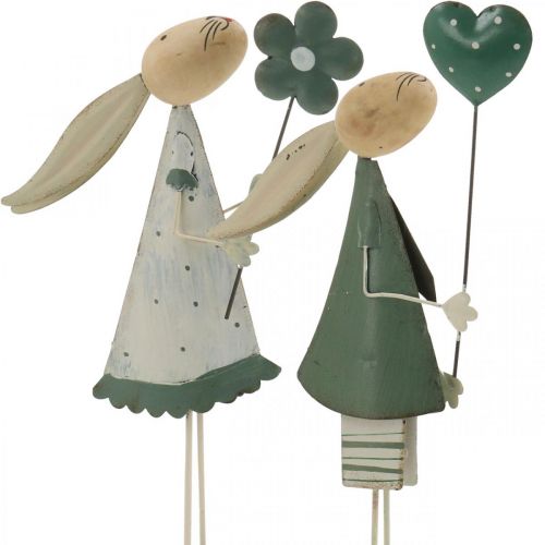 Floristik24 Decoración de Pascua de metal Primavera Conejito de Pascua Pareja Decoración de mesa Verde Beige L29.5/31.5cm Juego de 2