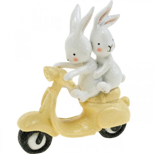 Decoración de primavera con purpurina, conejito en patinete, decoración de Pascua H9cm L7.5cm 3 piezas