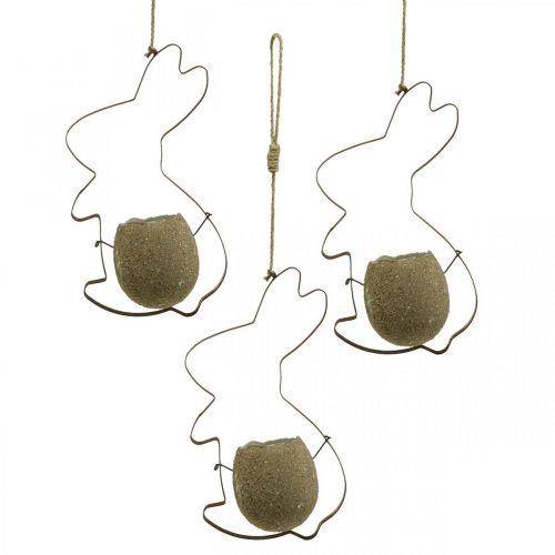 Floristik24 Decoración de conejo para colgar, conejo de metal con huevo, cáscara de huevo para plantar pátina 3 piezas