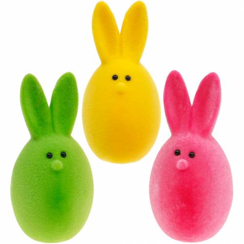 Artículo Mezcla de huevos de Pascua con orejas, huevos de conejito flocados, adornos de Pascua coloridos 6 piezas