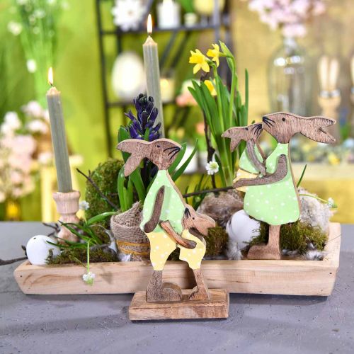 Artículo Conejito madre con niño, decoración de Pascua, primavera, conejito de Pascua de madera, natural, verde, amarillo H22cm