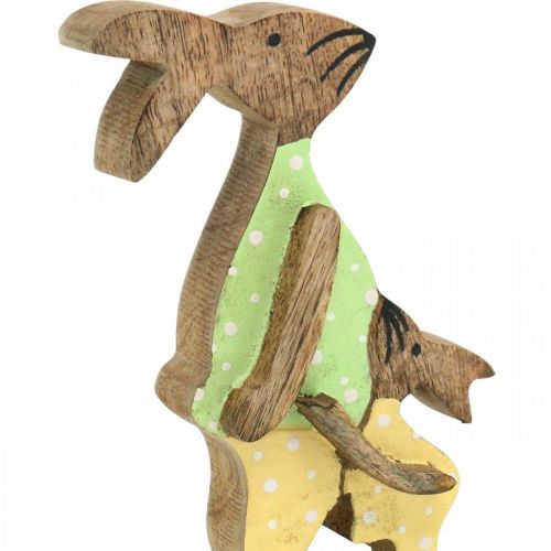 Artículo Conejo de Pascua con niño, decoración primaveral de madera, padre conejo, naturaleza de Pascua, verde, amarillo H22cm