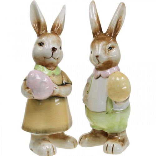 Floristik24 Deco conejitos de Pascua con huevo, conejitos de Pascua, cerámica, H24cm 2pcs