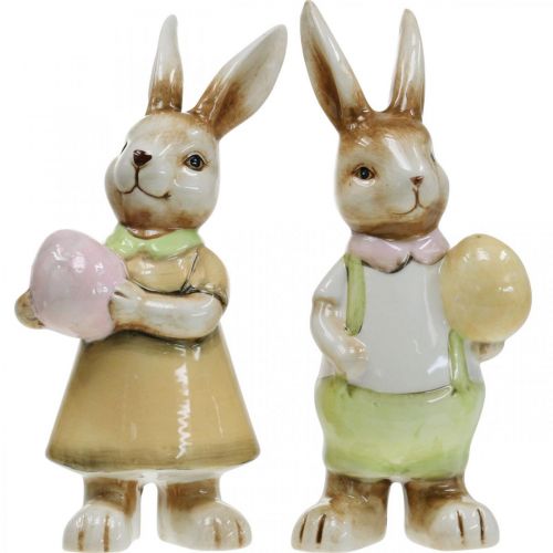 Floristik24 Deco conejitos de Pascua con huevo, conejitos de Pascua, cerámica, H24cm 2pcs