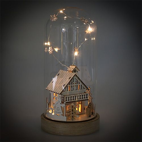Floristik24 Casa iluminada con campana de cristal 27,5cm