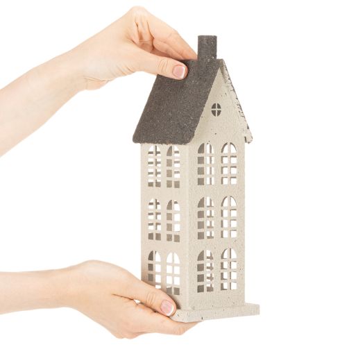 Casa decorativa de metal con ventanas y chimenea, 28 cm. | Floristik24.es