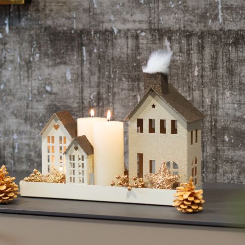 Casa decorativa de metal con chimenea y ventana, 24 cm. | Floristik24.es