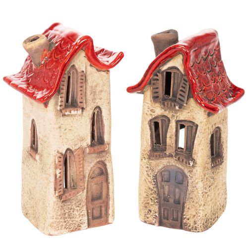 Decoración de casa de cerámica con techo rojo, casa iluminada, 15 cm, 2 piezas comprar | Floristik24.es