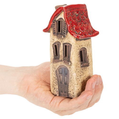 Decoración de casa de cerámica con techo rojo, casa iluminada, 15 cm, 2 piezas | Floristik24.es