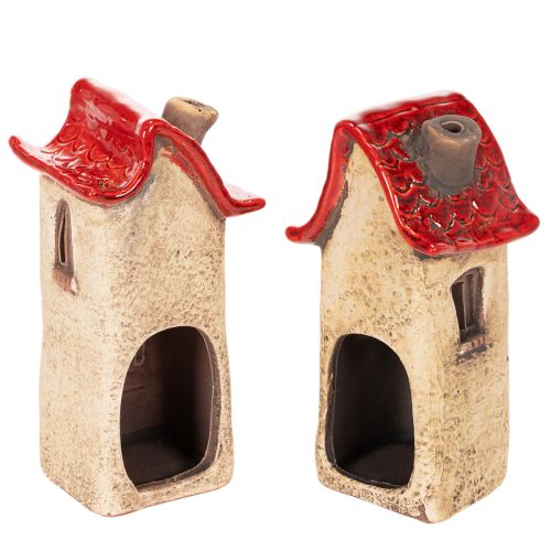 Decoración de casa de cerámica con techo rojo, casa iluminada, 15 cm, 2 piezas | Floristik24.es