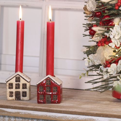 Artículo Portavelas de cerámica, casita decorativa con nieve para decoración de mesa, 7 cm, 2 piezas