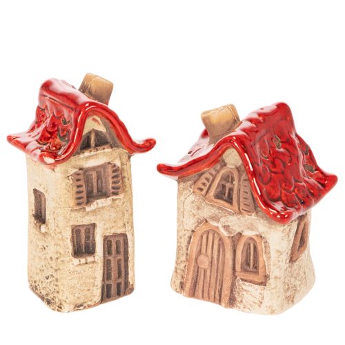 Juego de decoración de casas de cerámica, casitas pequeñas con techo rojo de 8 cm, 2 piezas comprar | Floristik24.es