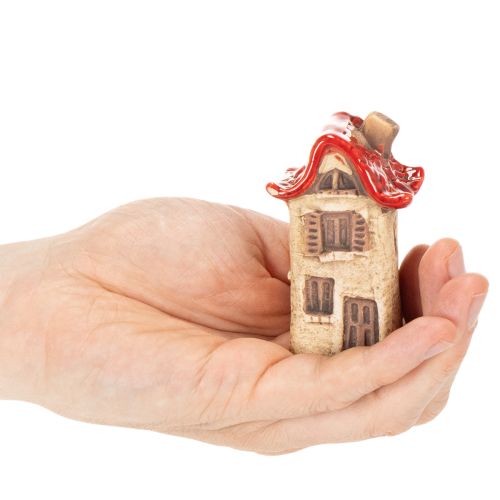 Juego de decoración de casas de cerámica, casitas pequeñas con techo rojo de 8 cm, 2 piezas | Floristik24.es