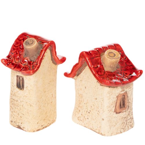 Juego de decoración de casas de cerámica, casitas pequeñas con techo rojo de 8 cm, 2 piezas | Floristik24.es