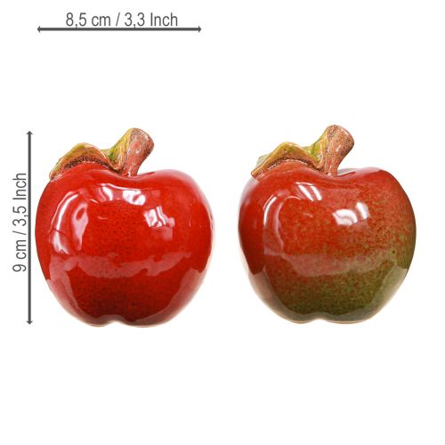 Artículo Decoración de otoño de cerámica con forma de manzana, decoración de mesa, color rojo y verde, 9 cm de alto, 2 unidades