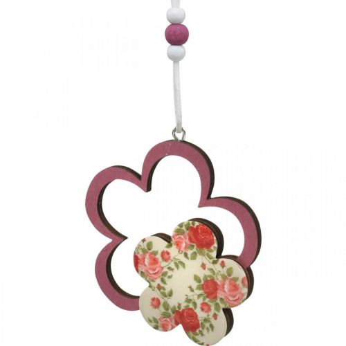 Artículo Colgante de primavera, flor de corazón de mariposa, decoración de madera con patrón de flores H8.5/9/7.5cm 6pcs