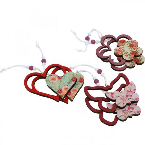 Artículo Colgante de primavera, flor de corazón de mariposa, decoración de madera con estampado floral Al 8,5/9/7,5 cm 6 piezas