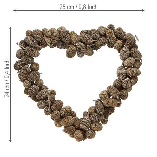 Artículo Cono de decoración de corazón, cono de aliso blanco lavado, 24 cm