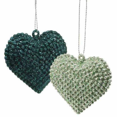 Floristik24 Corazón con purpurina para colgar esmeralda, azul hielo 6 cm x 6,5 cm 12 piezas
