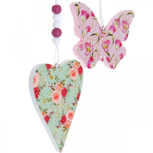 Artículo Colgante con estampado de flores, corazón y mariposa, decoración primaveral para colgar Al. 11,5/8,5 cm 4 uds.