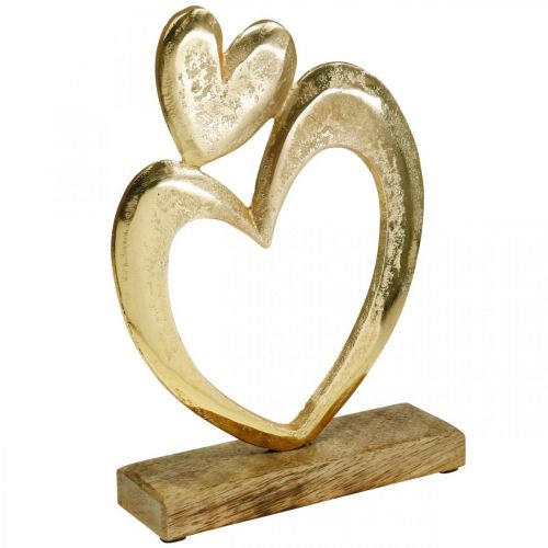 Floristik24 Corazón de metal dorado, corazón decorativo en madera de mango, decoración de mesa, doble corazón, San Valentín