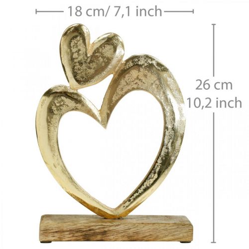 Floristik24 Corazón de metal dorado, corazón decorativo en madera de mango, decoración de mesa, doble corazón, San Valentín