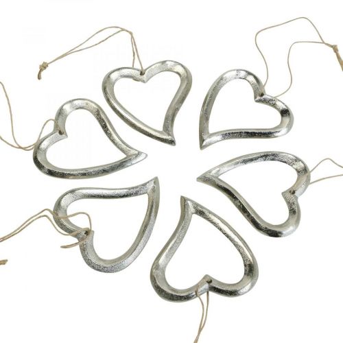 Artículo Decoración de corazón para colgar corazón de metal plateado 7,5 × 8,5 cm 6 piezas