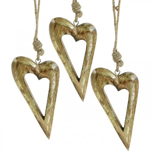 Floristik24 Corazón de decoración, mango efecto dorado, decoración de madera para colgar 13,5 cm × 7 cm 4 piezas