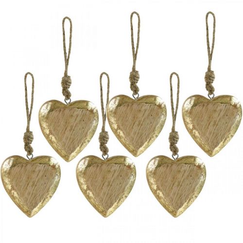 Floristik24 Corazones para colgar, madera de mango, decoración de madera con efecto dorado 8.5cm × 8cm 6pcs
