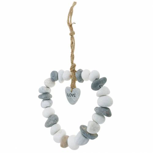 Floristik24 Corazón para colgar &quot;Love&quot; de guijarros de río Nature, gris / blanco Ø18cm 1 ud