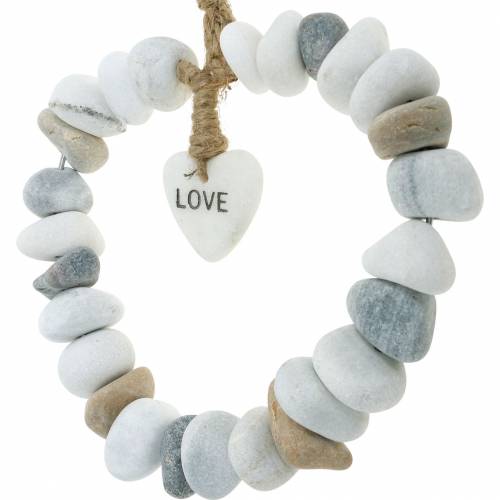 Floristik24 Corazón para colgar &quot;Love&quot; de guijarros de río Nature, gris / blanco Ø18cm 1 ud