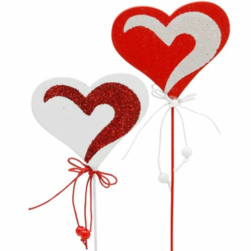 Artículo Corazón en un palo rojo, blanco corazón decorativo tapón decorativo Día de San Valentín 16 piezas