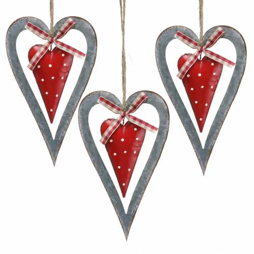 Floristik24 Corazón decorativo para colgar metal rojo, plateado Ø8,8 H15cm 3ud