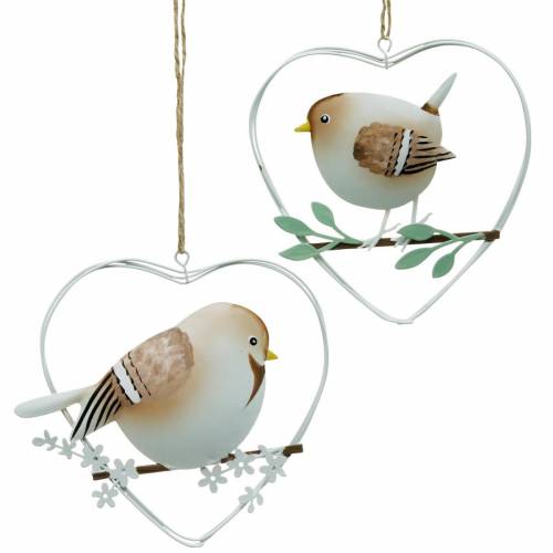 Floristik24 Colgante de corazón con gorriones, decoración de primavera, corazón de metal, Día de San Valentín, corazón de pájaro 4pcs