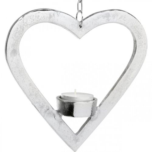 Artículo Portavelas en el corazón, decoración de velas para colgar, boda, decoración de Adviento de metal plateado H17.5cm