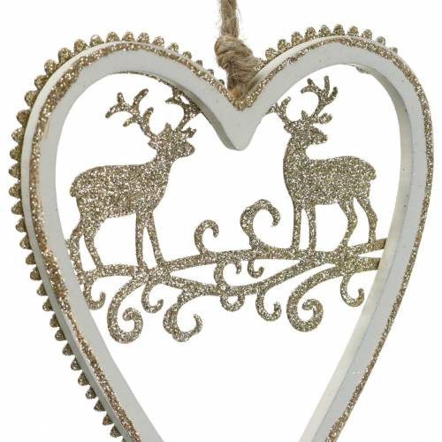 Artículo Corazones para colgar con incrustaciones de madera, plástico blanco, dorado, Ø9,2cm H12cm 4 piezas